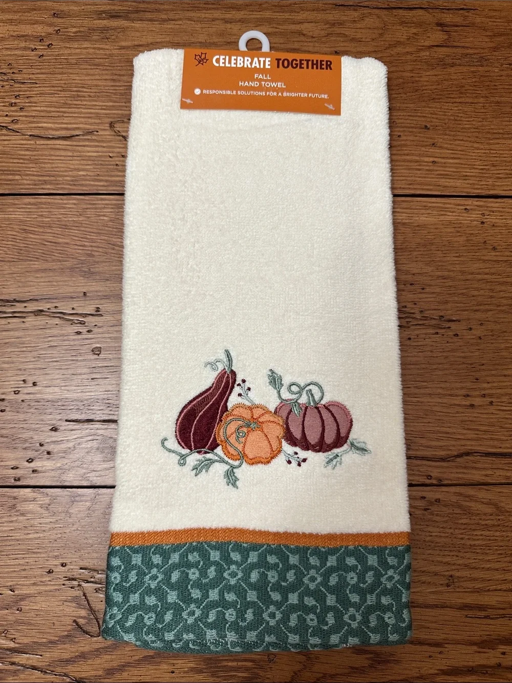 Celebrate Together Fall Embroidered Cream Hand Towel with Pumpkin Motif